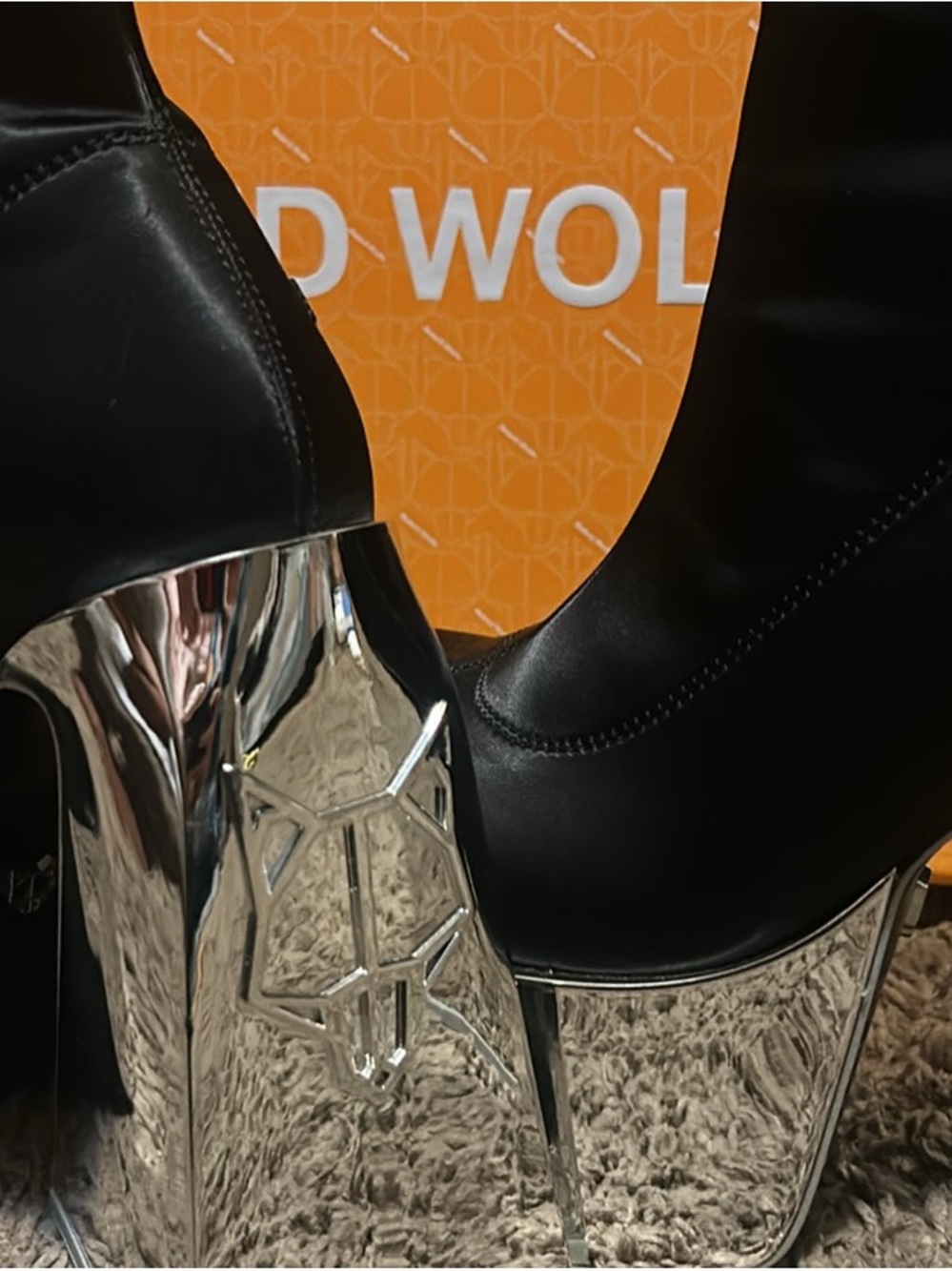 Naked Wolfe Black Stretch Ankle Boots with Sculpted Silver Heels - Picture 3 of 4